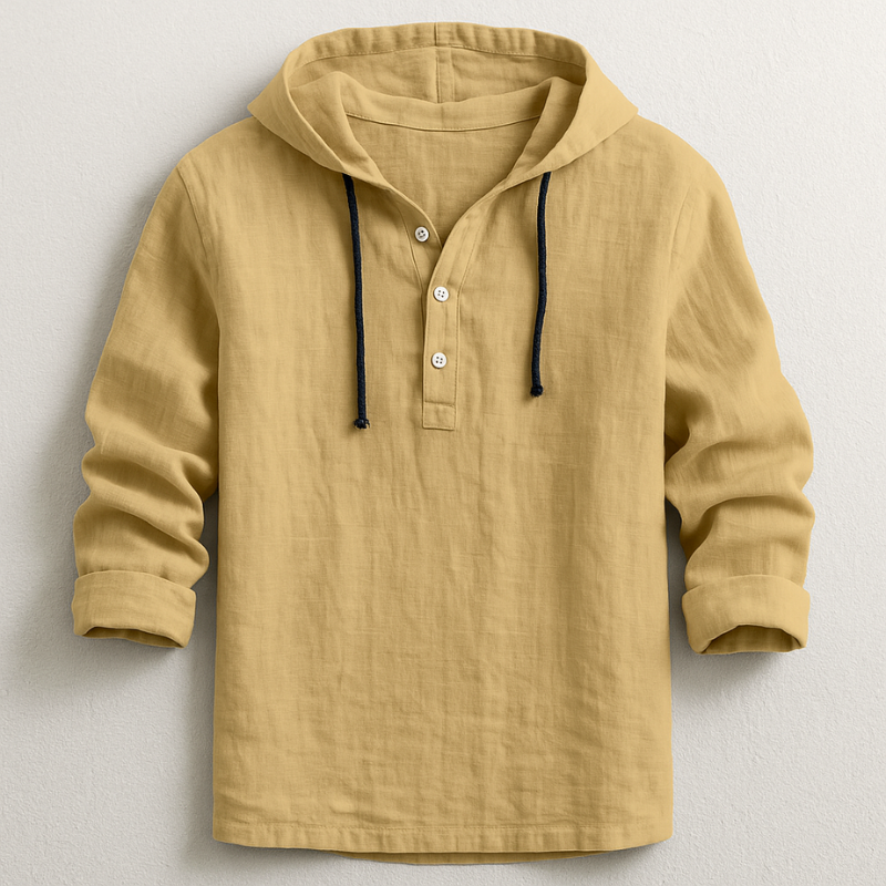 Close-up of men's lightweight hoodie shirt with drawstring hood, a comfortable & versatile light layer.
