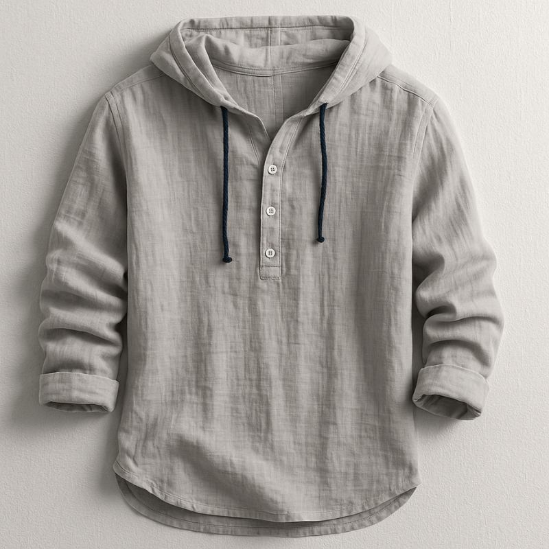 Model wearing men's relaxed fit hoodie shirt, perfect for casual summer fashion & comfortable everyday style.