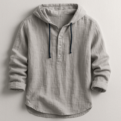 Model wearing men's relaxed fit hoodie shirt, perfect for casual summer fashion & comfortable everyday style.