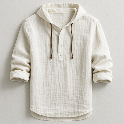 Back view of men's relaxed fit hoodie shirt, lightweight & comfortable for versatile casual wear.
