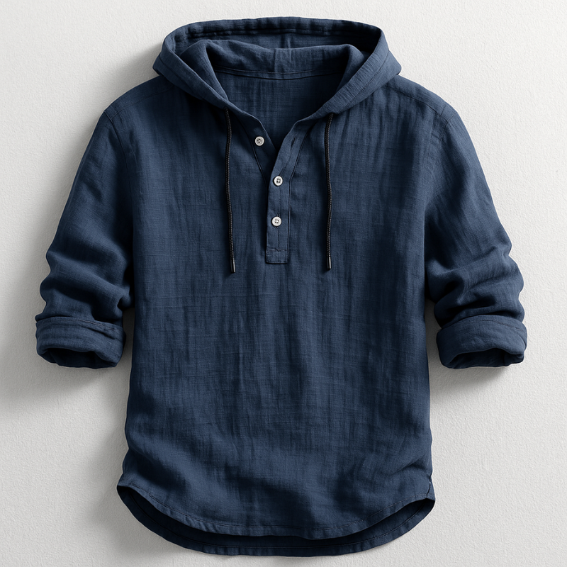 Soft fabric detail of men's lightweight comfort hoodie shirt, relaxed fit for breathable summer fashion.