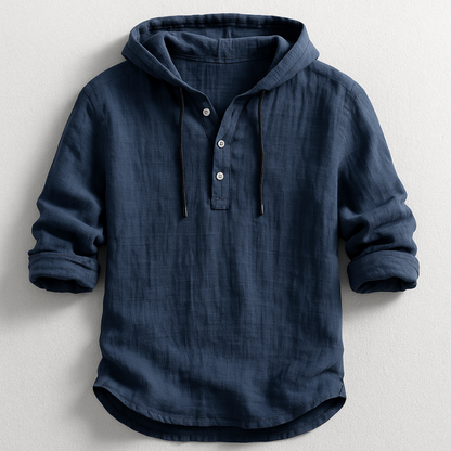 Soft fabric detail of men's lightweight comfort hoodie shirt, relaxed fit for breathable summer fashion.