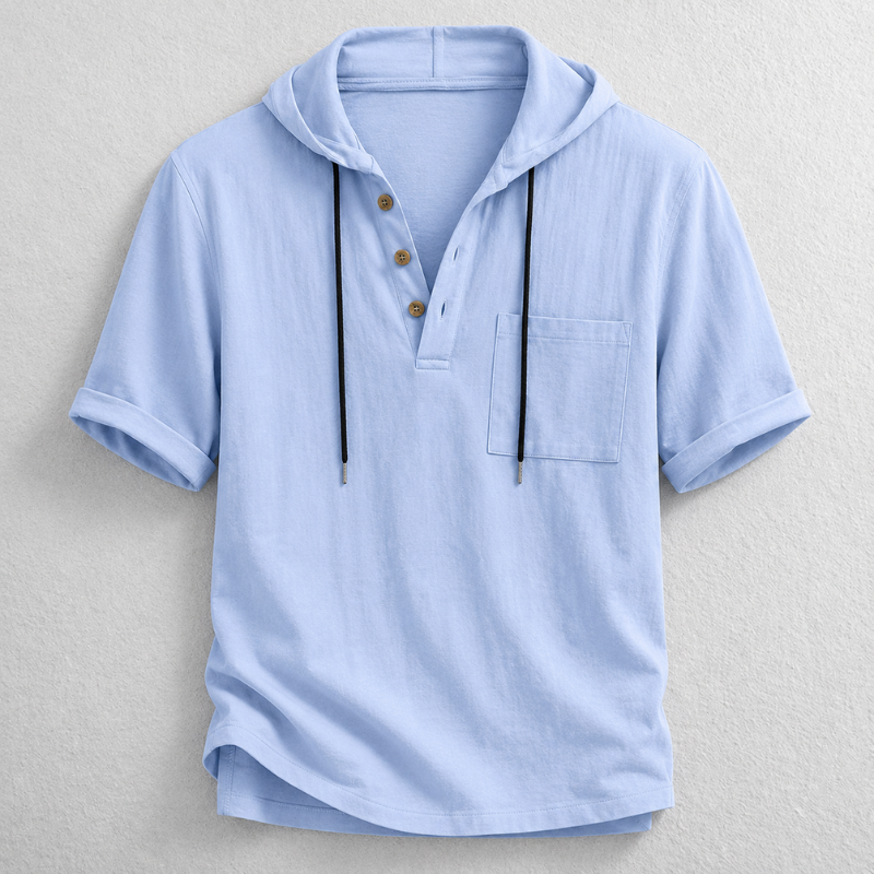 Men's lightweight cotton-linen hooded henley, long sleeve, breathable, perfect for casual summer layering.