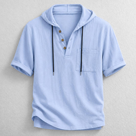 Men's lightweight cotton-linen hooded henley, long sleeve, breathable, perfect for casual summer layering.