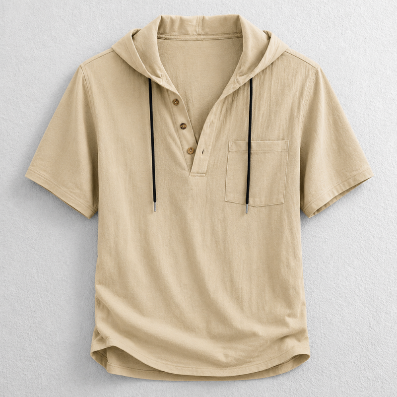 Soft cotton-linen blend men's hooded henley. Lightweight, breathable long sleeve shirt ideal for warm weather.