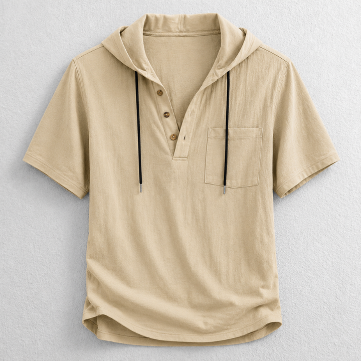 Soft cotton-linen blend men's hooded henley. Lightweight, breathable long sleeve shirt ideal for warm weather.