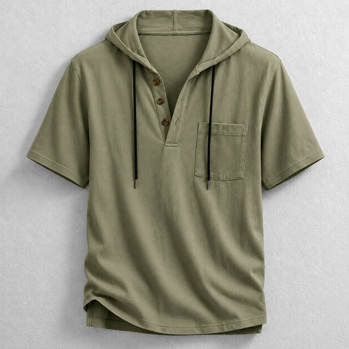 Male model wearing a casual, breathable long sleeve cotton-linen hooded henley shirt for summer.