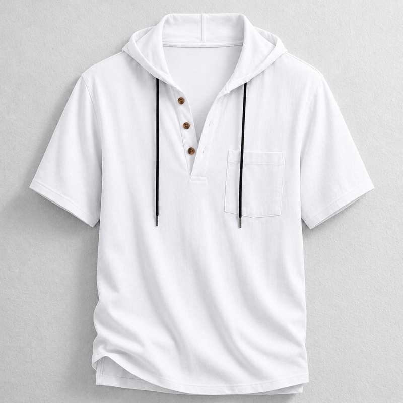 Casual men's lightweight cotton-linen long sleeve hooded henley. Breathable, perfect for summer or layering.
