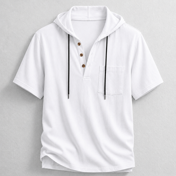Casual men's lightweight cotton-linen long sleeve hooded henley. Breathable, perfect for summer or layering.