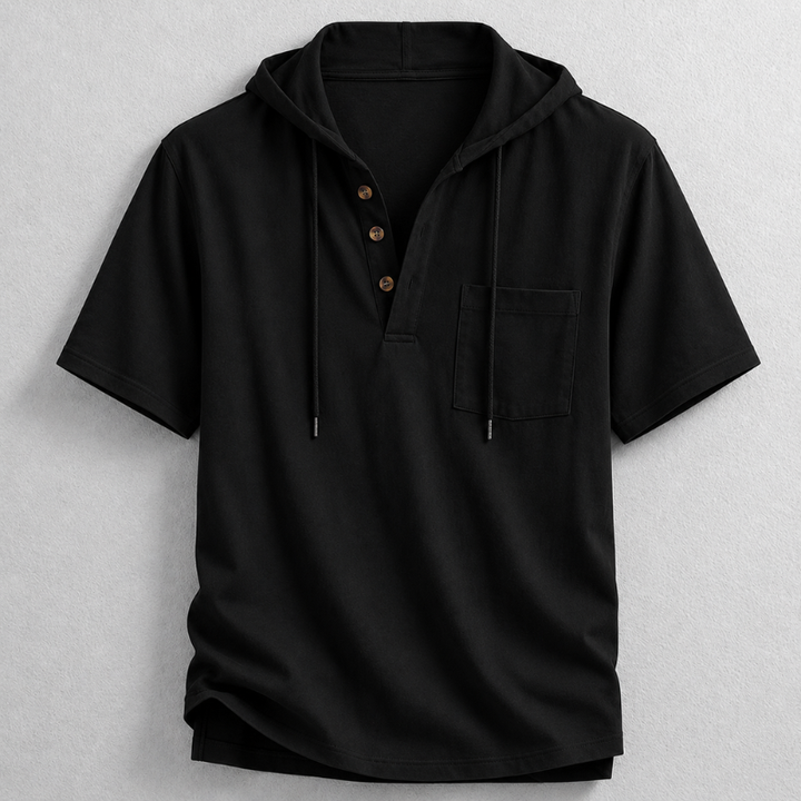 Comfortable men's long sleeve hooded henley made from breathable cotton-linen, great for casual wear.