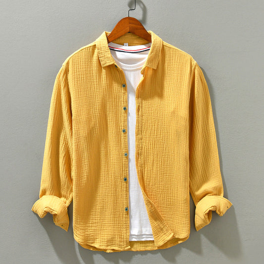 Men's lightweight crinkle texture long sleeve shirt with relaxed fit, perfect for casual summer style.