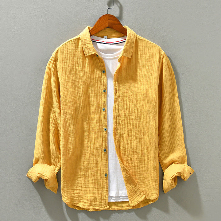 Men's lightweight crinkle texture long sleeve shirt with relaxed fit, perfect for casual summer style.
