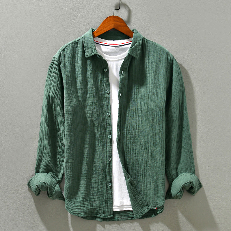 Yellow men's casual crinkle texture shirt, lightweight and relaxed fit, ideal for warm weather fashion.