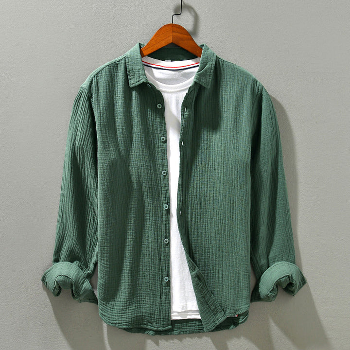 Yellow men's casual crinkle texture shirt, lightweight and relaxed fit, ideal for warm weather fashion.