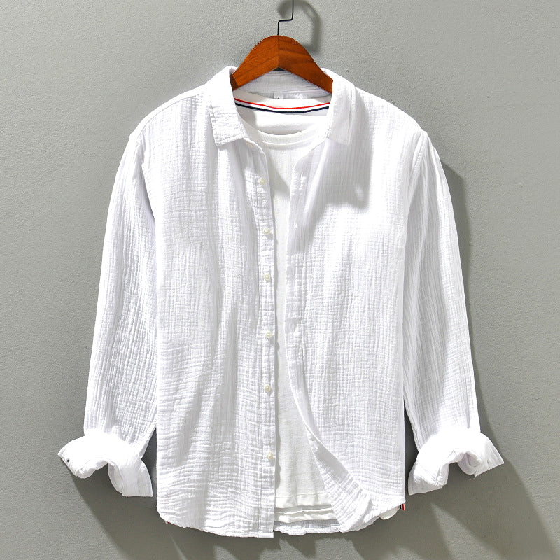 Green crinkle texture men's long sleeve shirt, a versatile relaxed fit top for summer and casual wear.