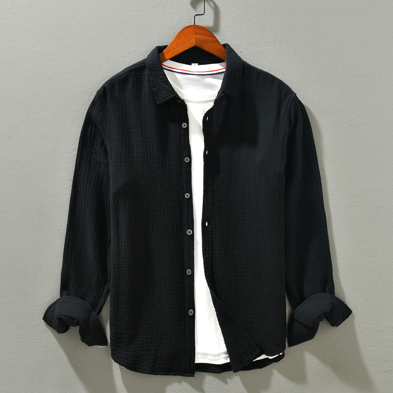 White men's lightweight crinkle texture shirt, relaxed fit long sleeve for effortless everyday style.
