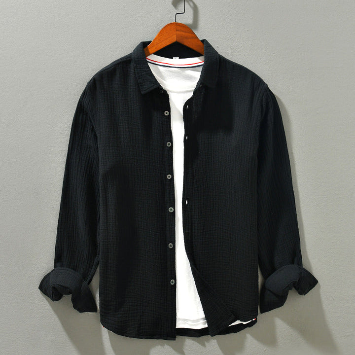 White men's lightweight crinkle texture shirt, relaxed fit long sleeve for effortless everyday style.