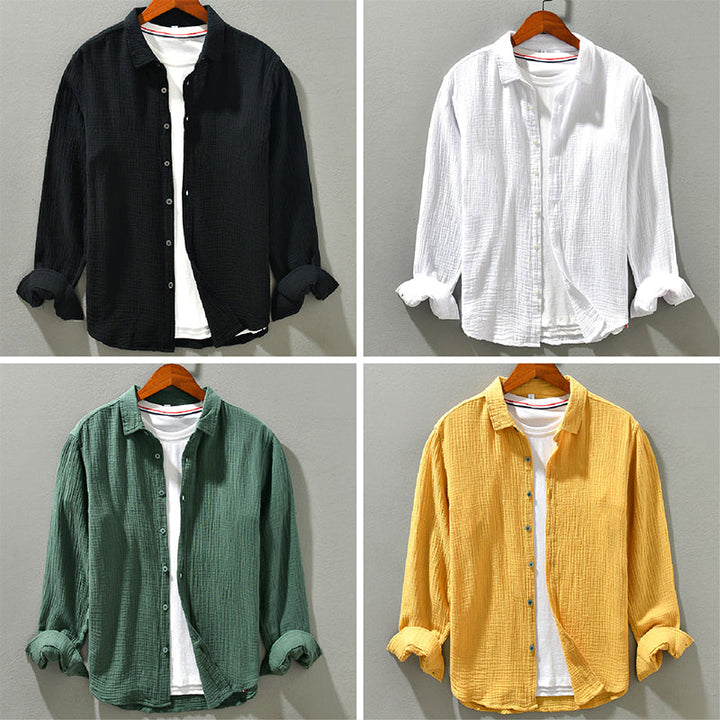 Black men's crinkle texture casual shirt, long sleeve and relaxed fit, a versatile men's fashion piece.