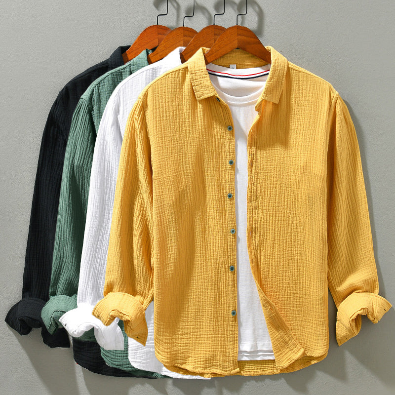 Relaxed fit men's crinkle texture shirt, lightweight long sleeve design for comfortable, casual summer wear.