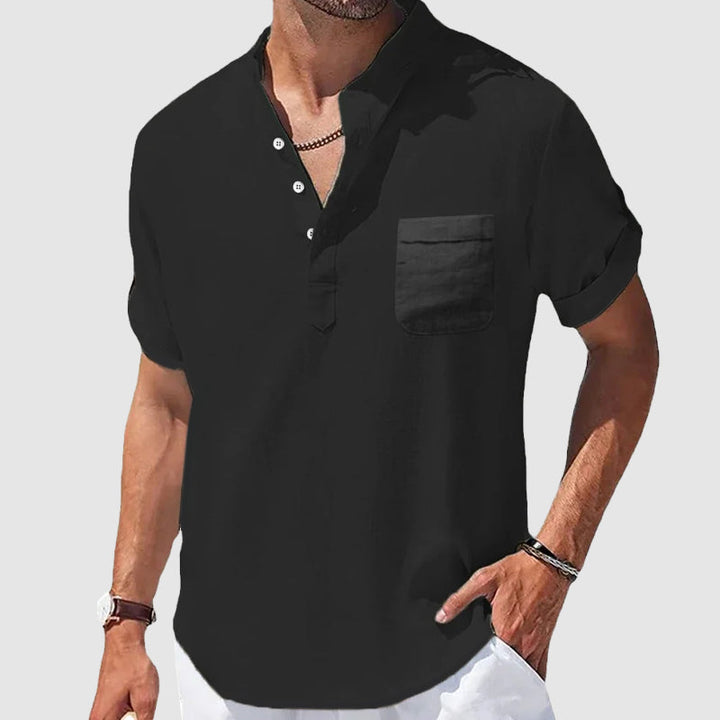 Black men's casual henley. Short sleeve, lightweight top with button placket, ideal for summer daily wear.