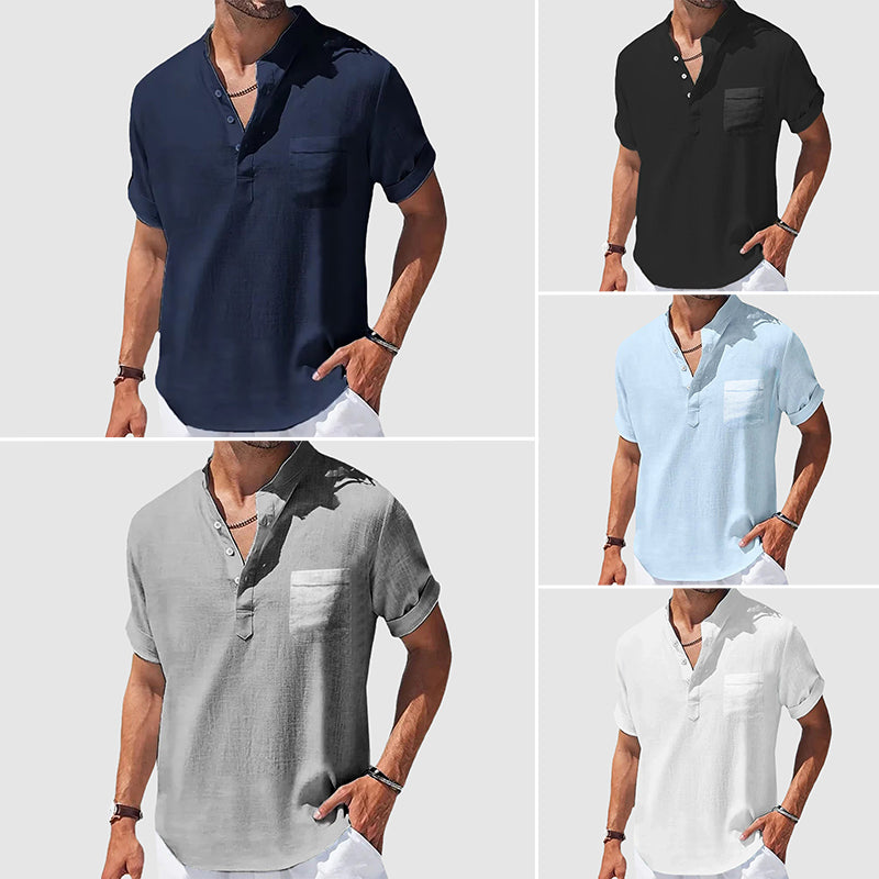 Dark blue men's henley, lightweight & versatile. Short sleeve casual shirt with button placket & chest pocket.