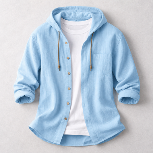 Men's lightweight grey hoodie shirt with relaxed fit, perfect for comfortable everyday casual wear in spring and summer.