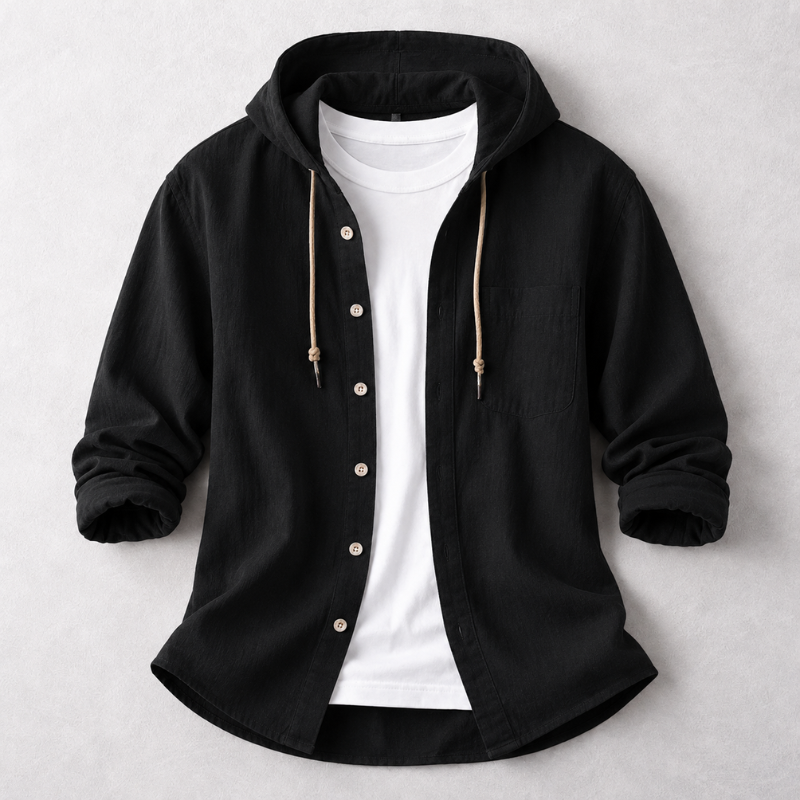 Versatile men's lightweight hooded shirt for relaxed comfort, suitable for spring, summer, and autumn casual outfits.