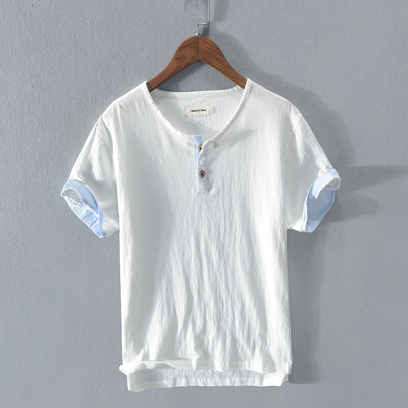 Stylish men's lightweight Henley shirt in a relaxed fit, modeled for effortless summer fashion and casual comfort.