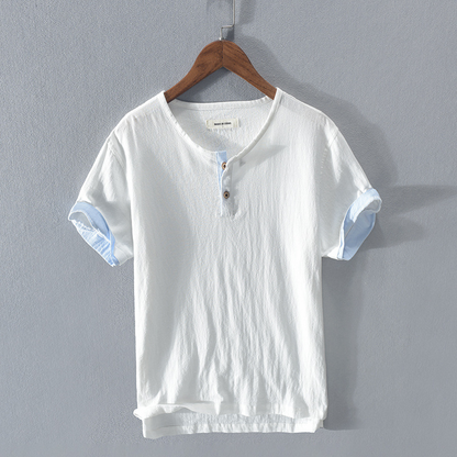 Stylish men's lightweight Henley shirt in a relaxed fit, modeled for effortless summer fashion and casual comfort.