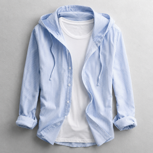 Men's lightweight hooded button-front shirt, perfect for casual layering. Breathable, comfortable, and tailored fit.