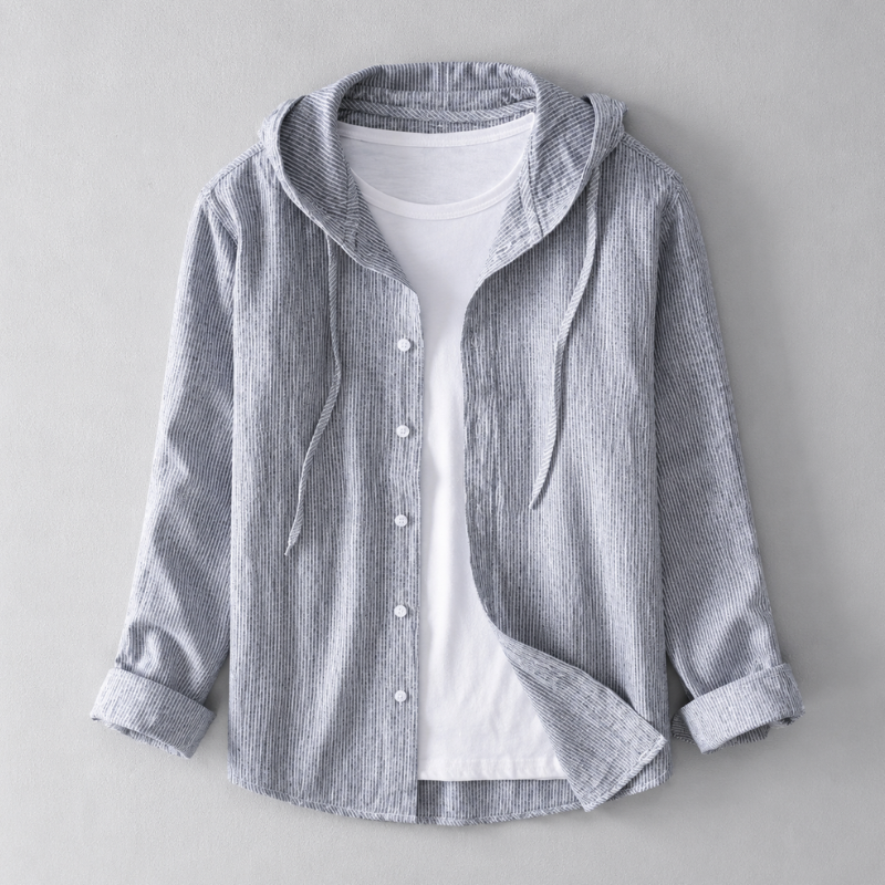 Stylish men's hooded button-front shirt with adjustable hood & tailored fit. Lightweight and breathable for daily wear.