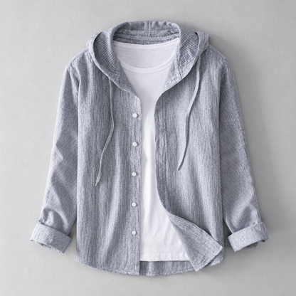 Stylish men's hooded button-front shirt with adjustable hood & tailored fit. Lightweight and breathable for daily wear.