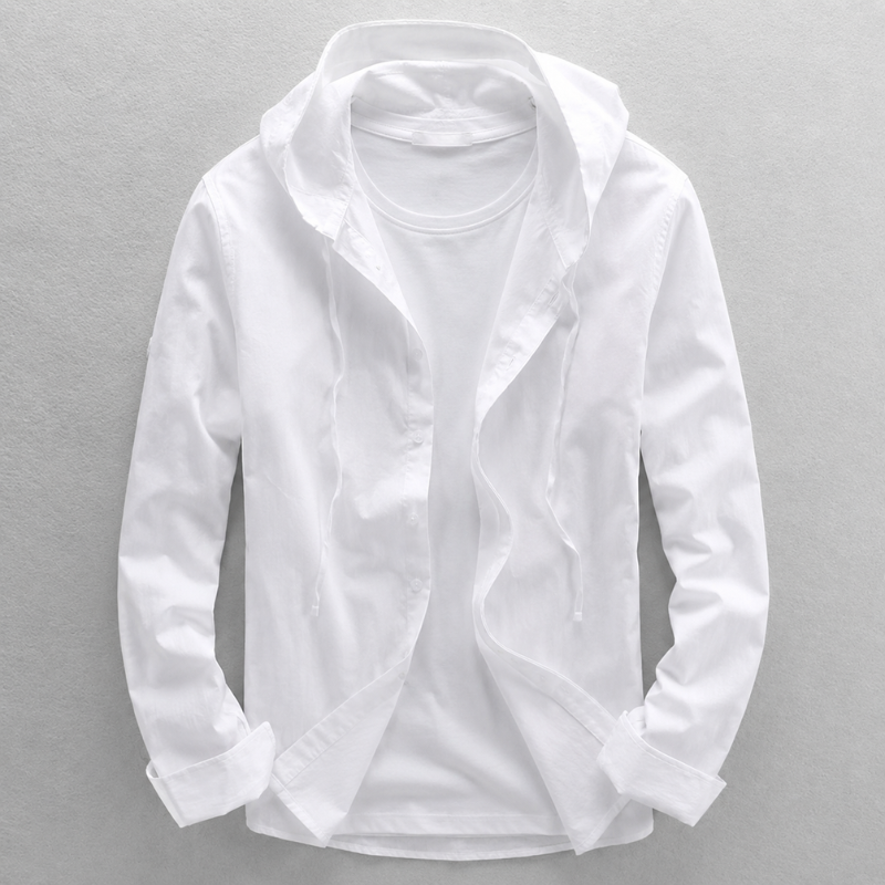 Versatile men's long sleeve hooded shirt. Lightweight, breathable button-front design for comfortable casual layering.
