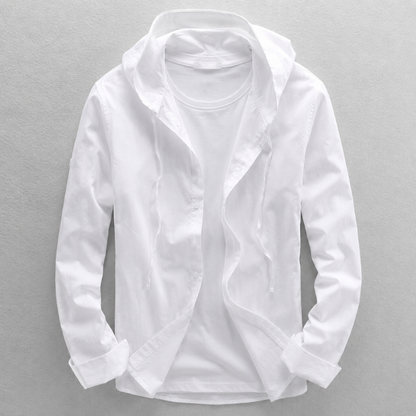 Versatile men's long sleeve hooded shirt. Lightweight, breathable button-front design for comfortable casual layering.