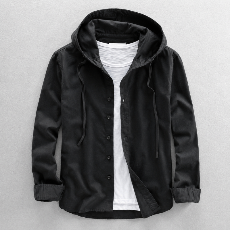 Comfortable men's lightweight, breathable hooded shirt. Button-front long sleeve with a modern, tailored fit.