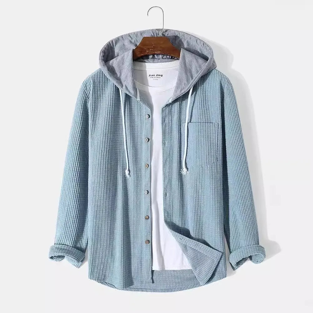 Men's lightweight hooded button-up shirt, perfect for casual wear and layering style.
