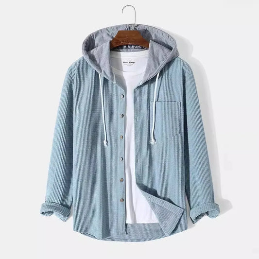 Men's lightweight hooded button-up shirt, perfect for casual wear and layering style.