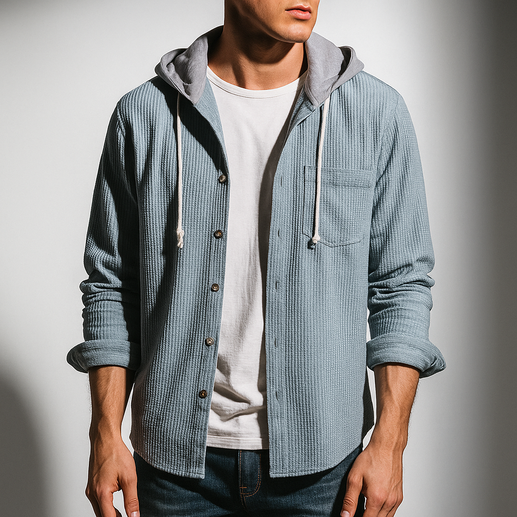 Comfortable men's hooded button-up long sleeve shirt, ideal for fall fashion and layering.