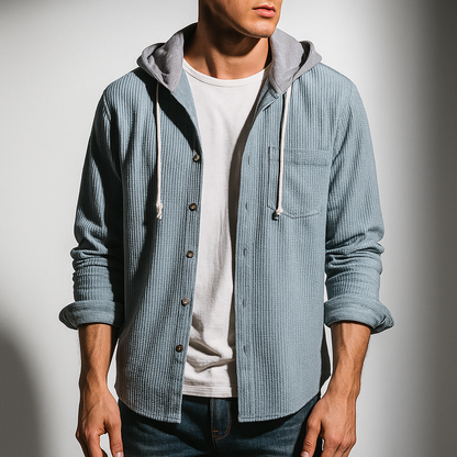 Comfortable men's hooded button-up long sleeve shirt, ideal for fall fashion and layering.