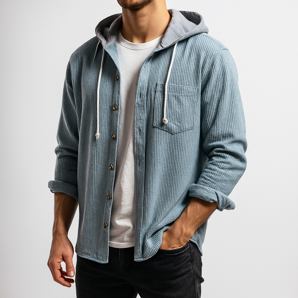 Classic fit men's hooded button-up shirt, lightweight and comfortable for everyday casual wear.