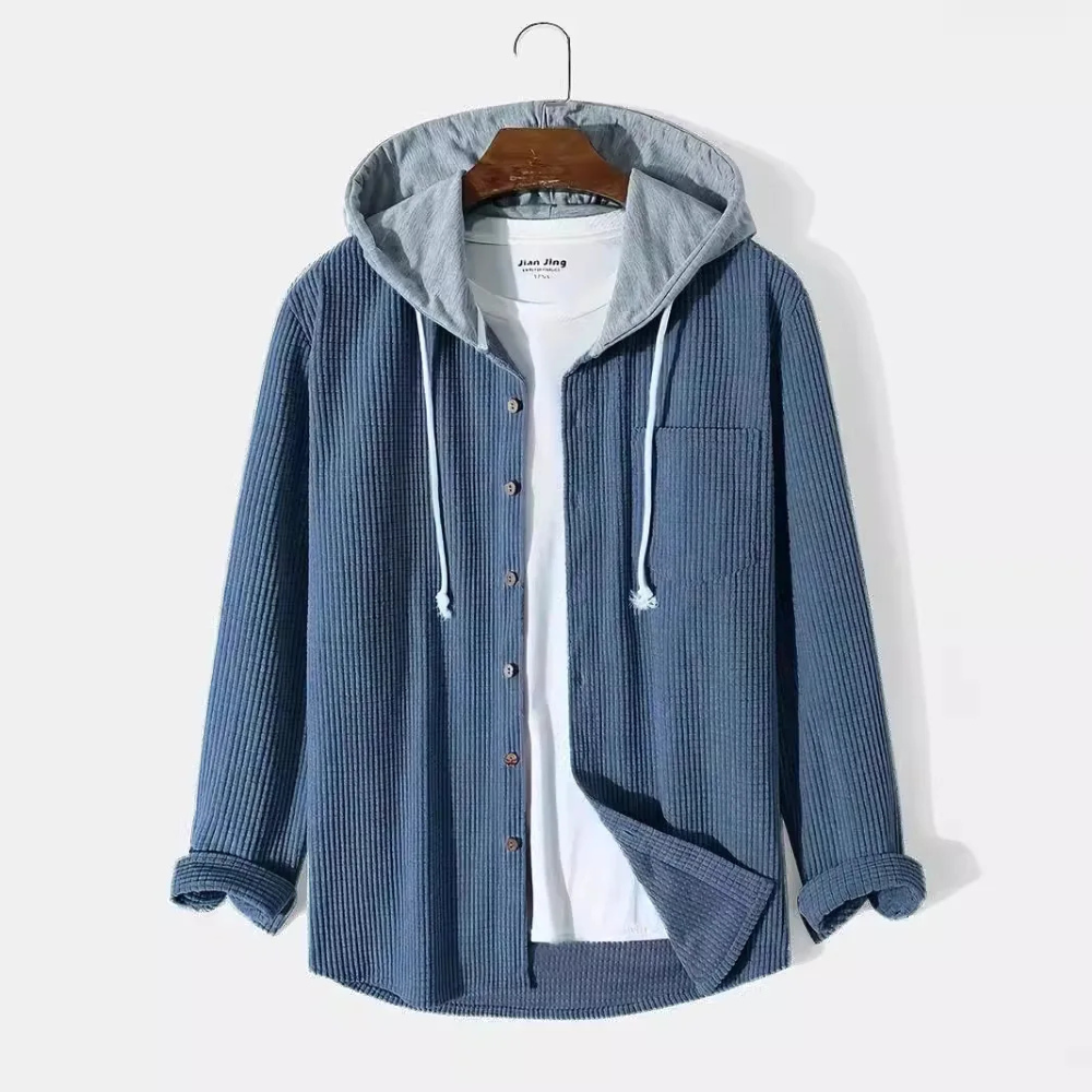 Stylish men's hooded button-up shirt, lightweight fabric and long sleeves for comfortable casual wear.
