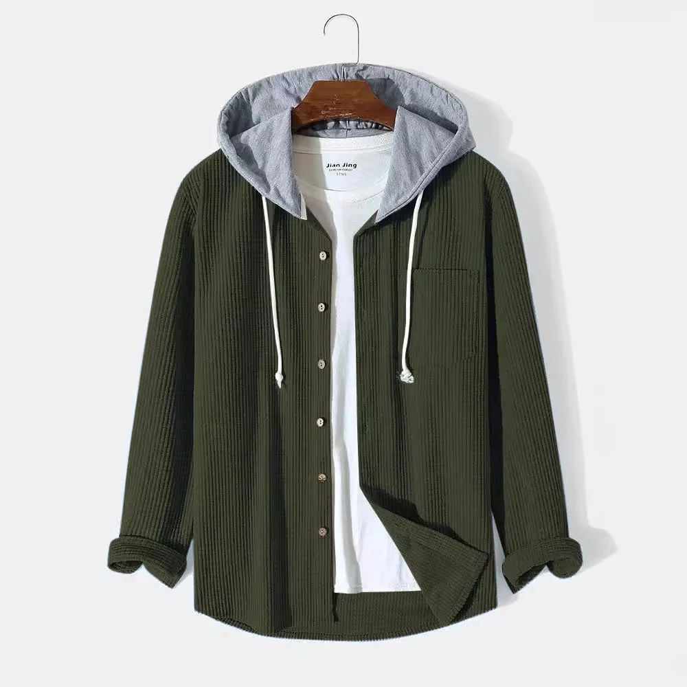 Essential men's hooded button-up shirt, lightweight and ideal as a layering top for versatile fall outfits.