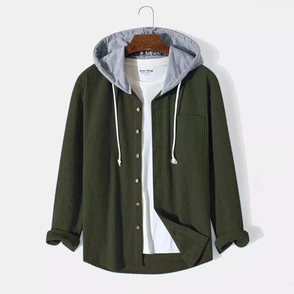 Essential men's hooded button-up shirt, lightweight and ideal as a layering top for versatile fall outfits.