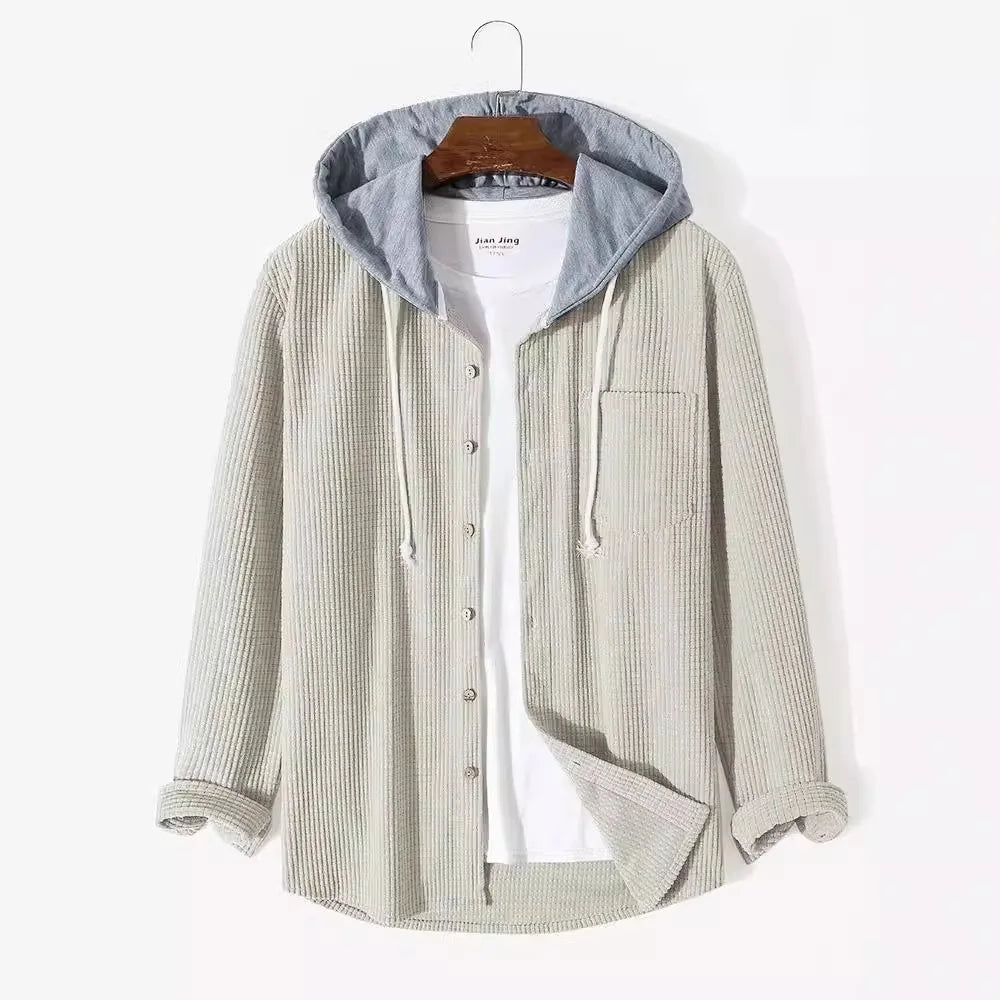 Classic fit men's long sleeve hooded button-up shirt, comfortable for casual wear and fall layering.