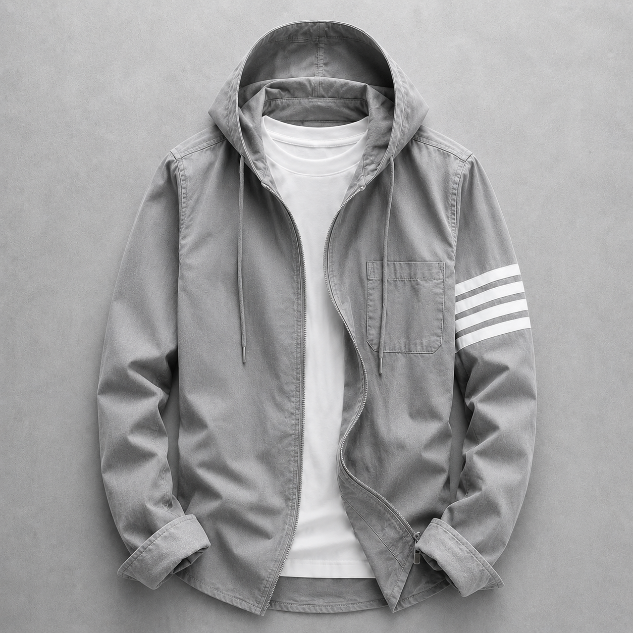Versatile men's hooded jacket, ideal for everyday wear; lightweight & modern style.