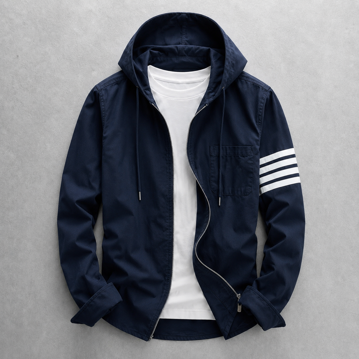 Comfortable gray men's hooded jacket, lightweight & perfect for casual everyday outerwear.
