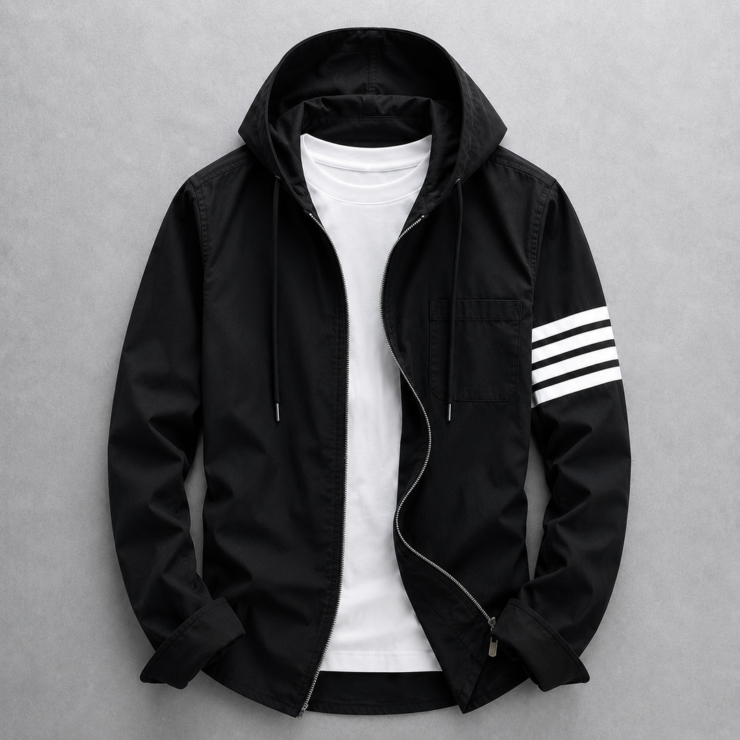 White men's tailored fit hooded jacket. Lightweight, modern, & versatile for everyday comfort.
