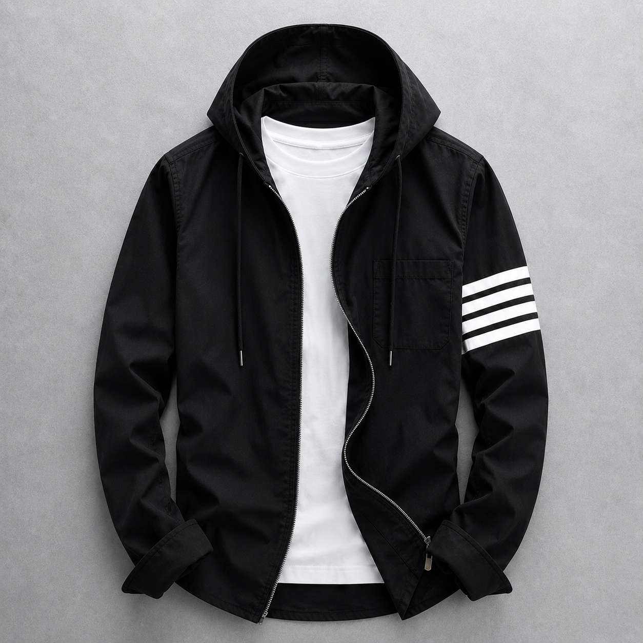 White men's tailored fit hooded jacket. Lightweight, modern, & versatile for everyday comfort.