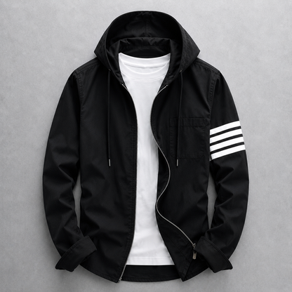 White men's tailored fit hooded jacket. Lightweight, modern, & versatile for everyday comfort.