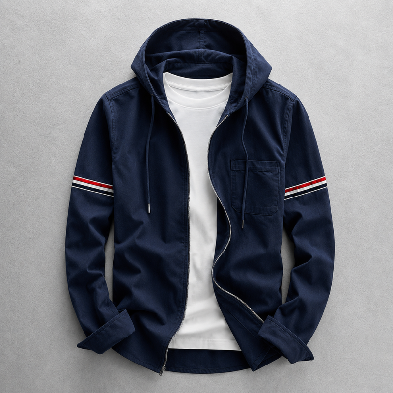 Lightweight men's hooded jacket, tailored fit, designed for all-day comfort. Casual outerwear, perfect everyday.